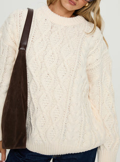 Featuring the Rorey Cable Knit Crew Neck Sweater White womens-jumpers with oversized fit in long length front view of model wearing Princess Polly