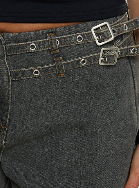side view of model wearing Princess Polly Paltrow Mid Rise Wide Leg Cargo Jeans Washed Grey Mid Rise Jeans 