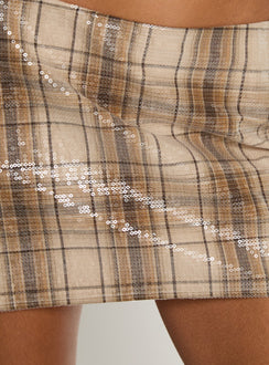 back view of model wearing Princess Polly Cherice Sequin Mini Skirt Beige Plaid Mini Skirts 