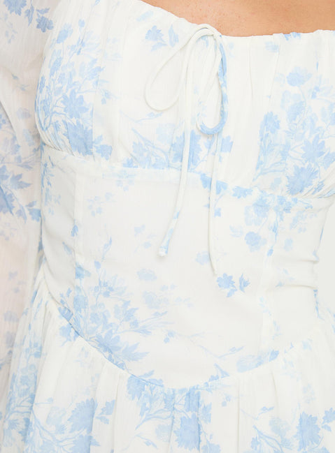 product Princess Polly Robertstone Long Sleeve Mini Dress White / Blue Floral Square Neck 
