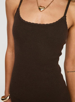 back view of model wearing Princess Polly Kattan Maxi Dress Chocolate Petite Scoop Neck 