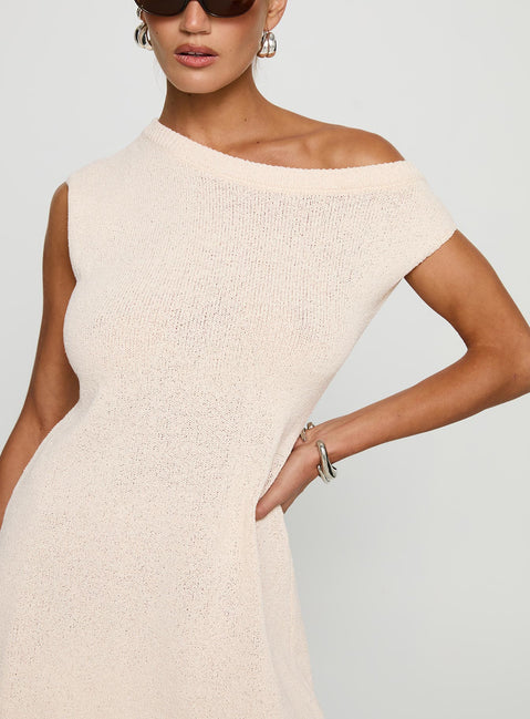 front view of model wearing Princess Polly Liberation Off The Shoulder Mini Dress White Asymmetric Neckline 