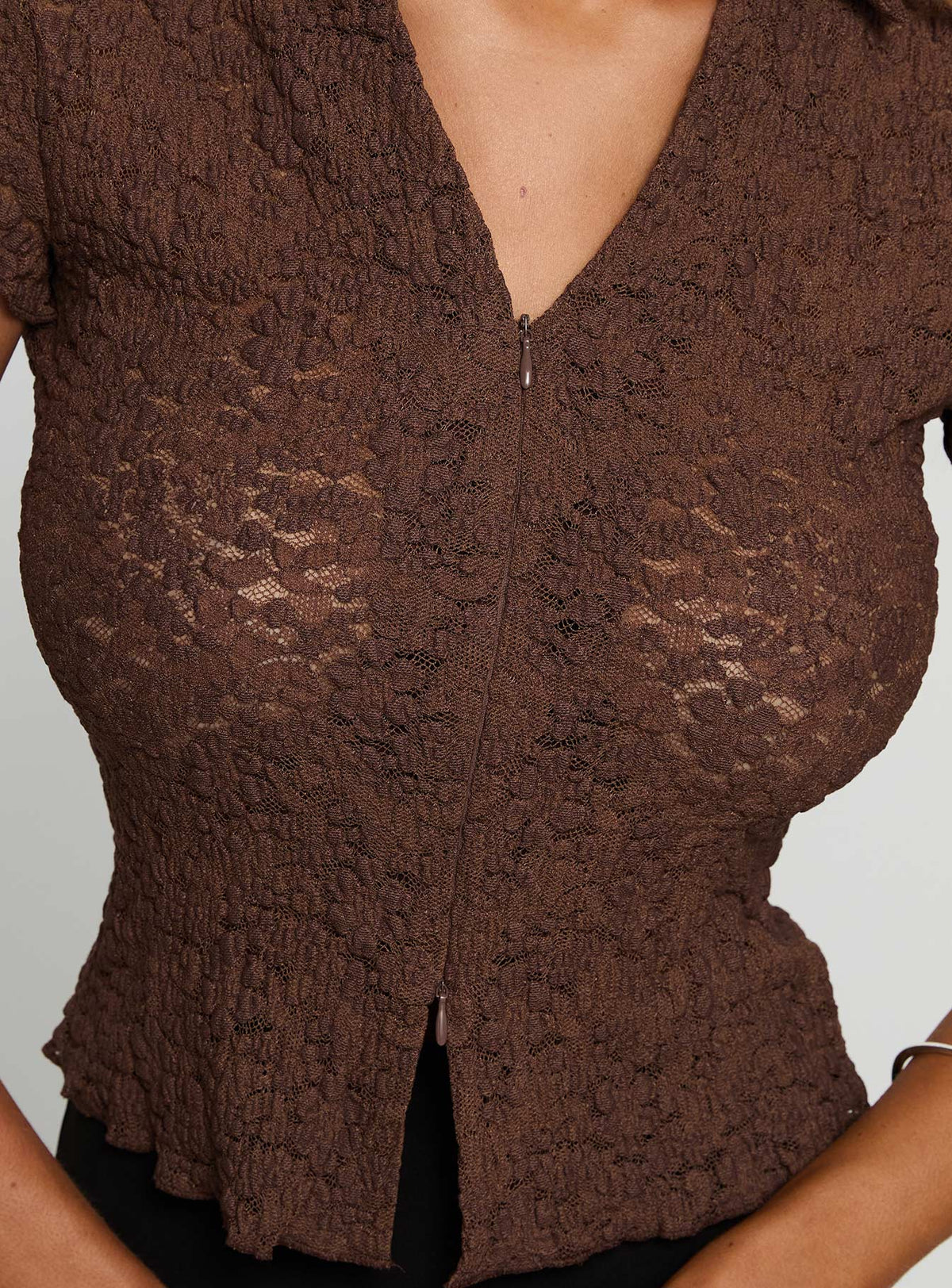 back view of model wearing Princess Polly Best Shot Collared Top Brown Short Sleeves V-Neck 
