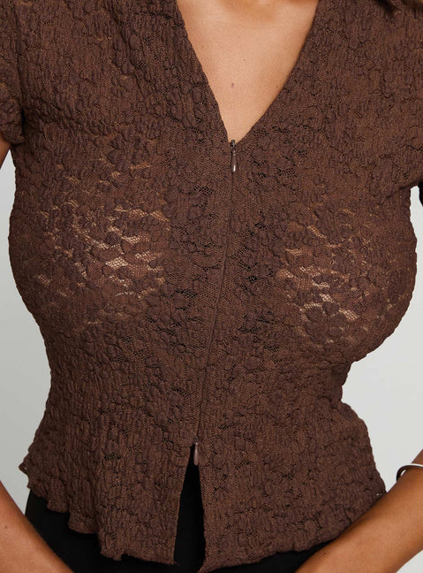back view of model wearing Princess Polly Best Shot Collared Top Brown Short Sleeves V-Neck 