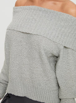 back view of model wearing Princess Polly Parkley Boucle Off The Shoulder Sweater Grey Marle 