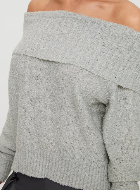 back view of model wearing Princess Polly Parkley Boucle Off The Shoulder Sweater Grey Marle 