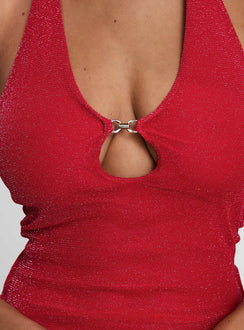back view of model wearing Princess Polly Allende Halter Top Red Sleeveless Scoop Neck 