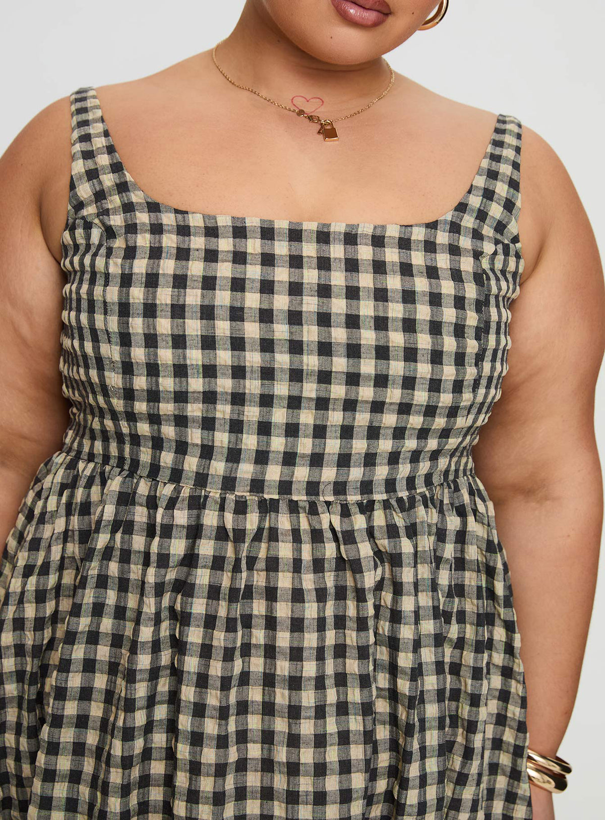 front view of model wearing Princess Polly Cartmel Check Maxi Dress Black / Cream Curve Square Neck 