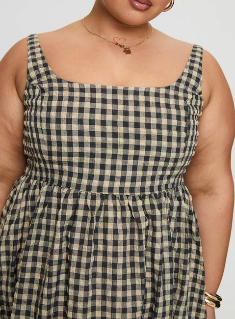 front view of model wearing Princess Polly Cartmel Check Maxi Dress Black / Cream Curve Square Neck 