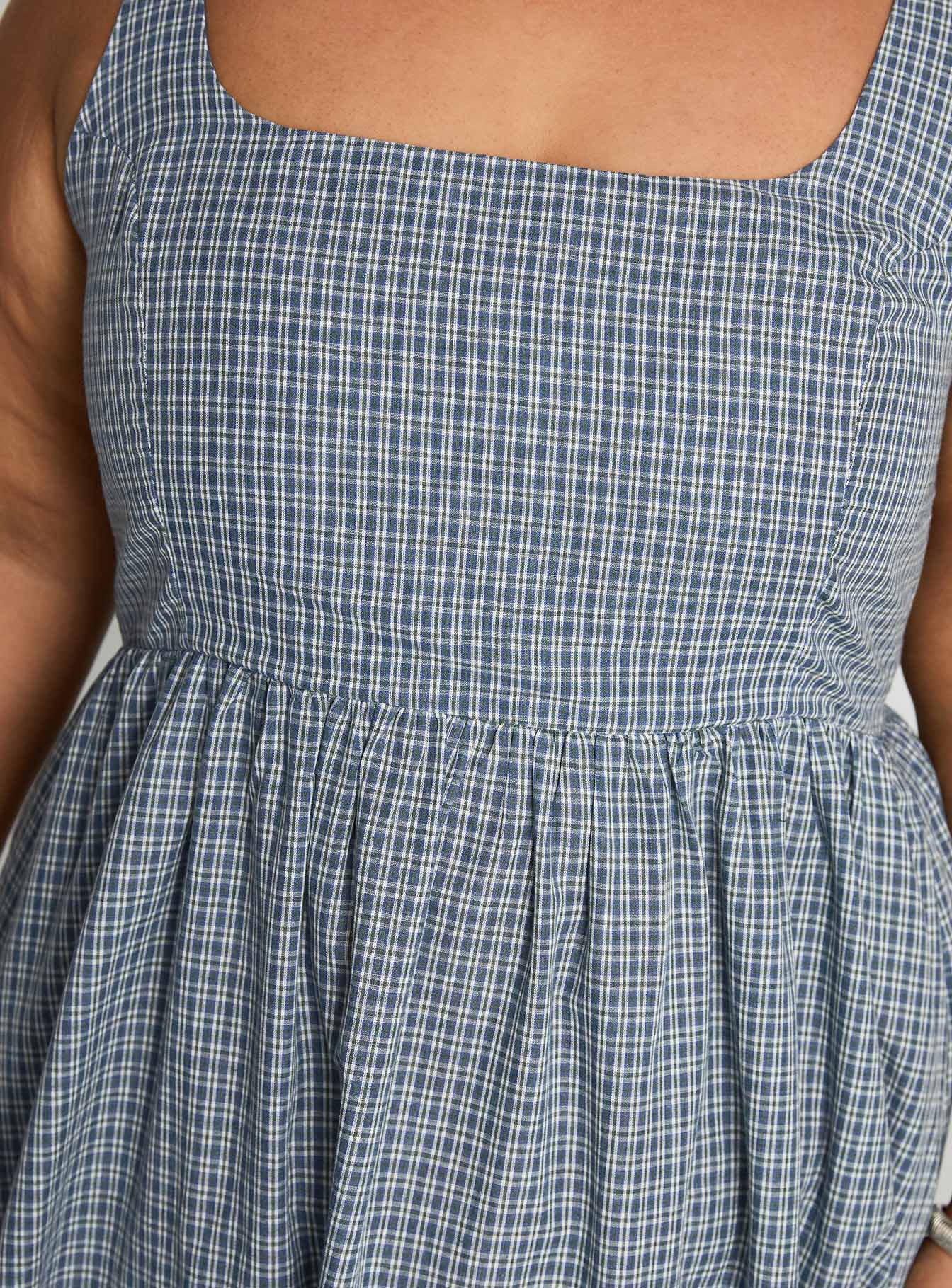 back view of model wearing Princess Polly Cartmel Check Maxi Dress Navy Curve Square Neck 