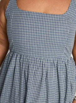 back view of model wearing Princess Polly Cartmel Check Maxi Dress Navy Curve Square Neck 