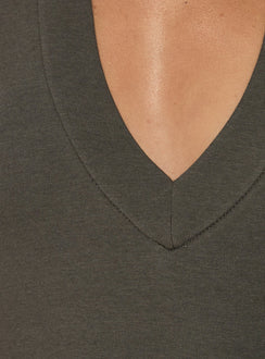 Featuring a sleeveless cut, the Juliannea V Neck Halter Bodysuit in Charcoal womens-bodysuit detail view