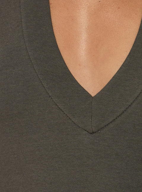 Featuring a sleeveless cut, the Juliannea V Neck Halter Bodysuit in Charcoal womens-bodysuit detail view