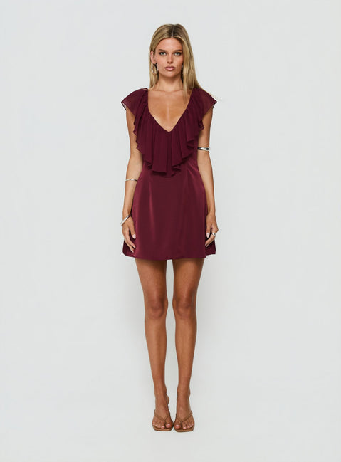 Madibelle V Neck Frill Mini Dress Wine