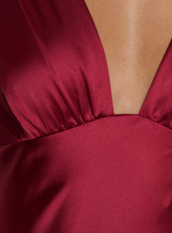 False Alarm Plunge Asymmetrical Pleat Maxi Dress Red