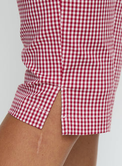 side view of model wearing Princess Polly Rossie Capri Pants Red Gingham Mid Rise Pants 