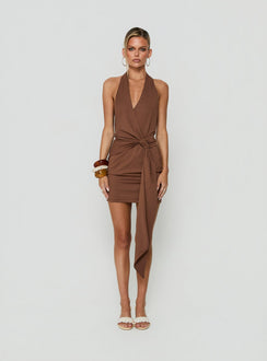 Amiamora Plunge Halter Scarf Mini Dress Brown