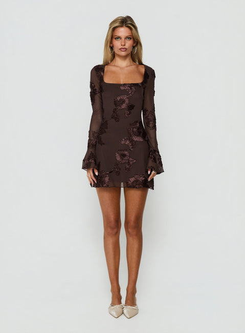 Better Love Long Sleeve Mini Dress Chocolate Floral