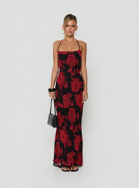 Bishopp Tie Back Maxi Dress Red Floral
