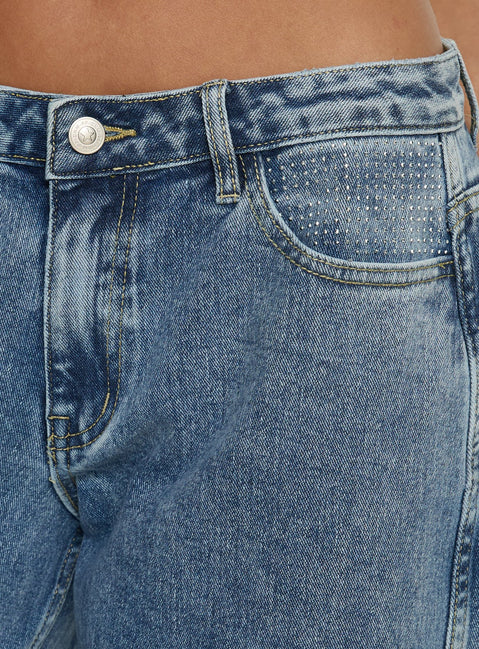 product Princess Polly Ramos Diamante Low Rise Wide Leg Jeans Washed Mid Blue Low Rise Jeans 