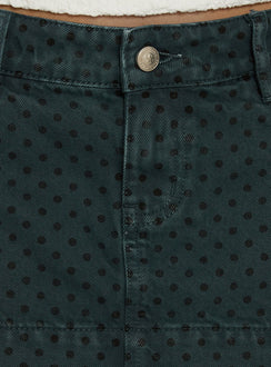 Crafted with the Warna Low Rise Denim Mini Skirt Polka Dot womens-skirts featuring mini length, polkadot print, dark wash, aline shape, fitted fit, and frayed hem product Princess Polly