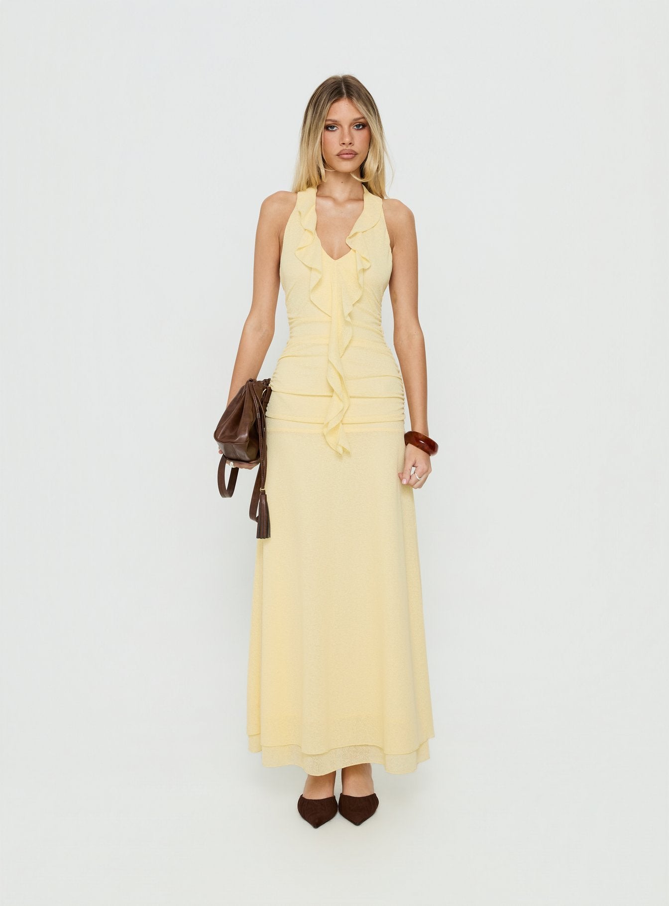 Leyda Plunge Frill Maxi Dress Yellow