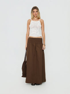 Showcasing the Thessa Ruched Maxi Skirt Chocolate in womens-skirts with maxi length front view of model wearing Princess Polly