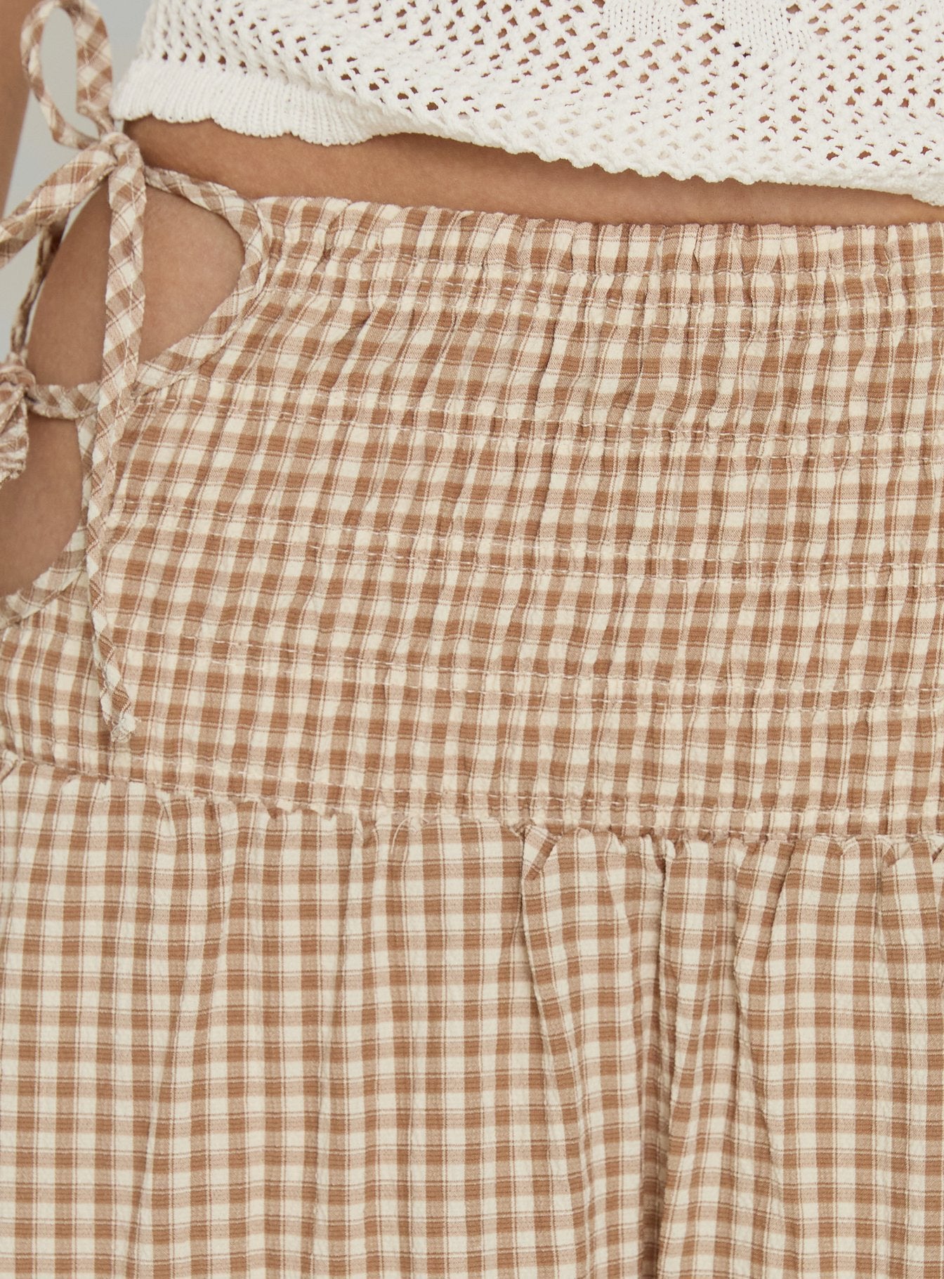 Featuring the Vence Ruched Maxi Skirt Brown Gingham in womens-skirts with checkered print and relaxed a-line shape Princess Polly