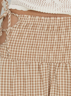 Featuring the Vence Ruched Maxi Skirt Brown Gingham in womens-skirts with checkered print and relaxed a-line shape Princess Polly