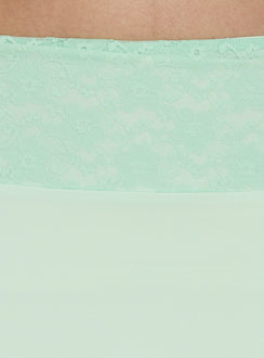 Showcasing the Natabelle Lace Detail Midi Skirt in Mint, a womens-skirts piece with asymmetry and fitted fit Princess Polly