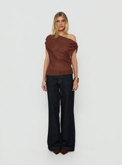 Orya Sheer Drape Off Shoulder Top Brown