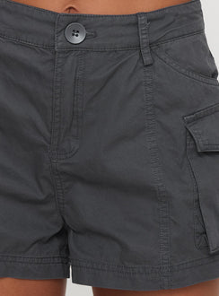 back view of model wearing Princess Polly Colonel Cargo Mini Short Slate High Waisted Shorts 