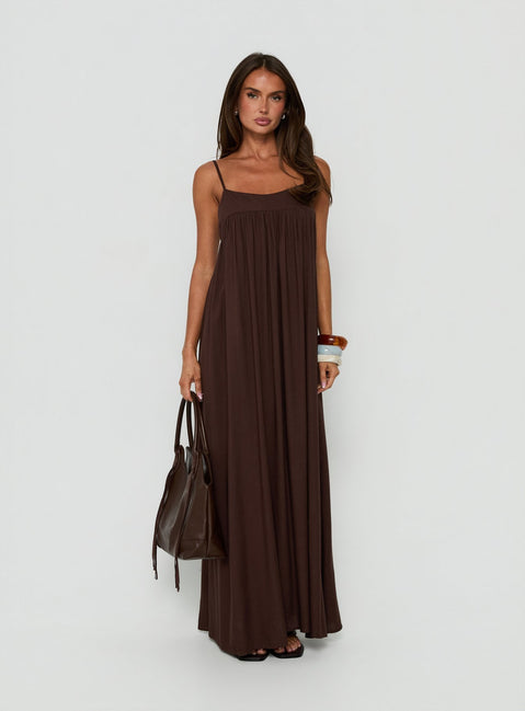 Wildah Linen Smock Maxi Dress Brown
