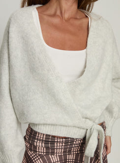 front view of model wearing Princess Polly Daelan Wrap Knit Cardigan Grey Marle Cropped Jumpers 