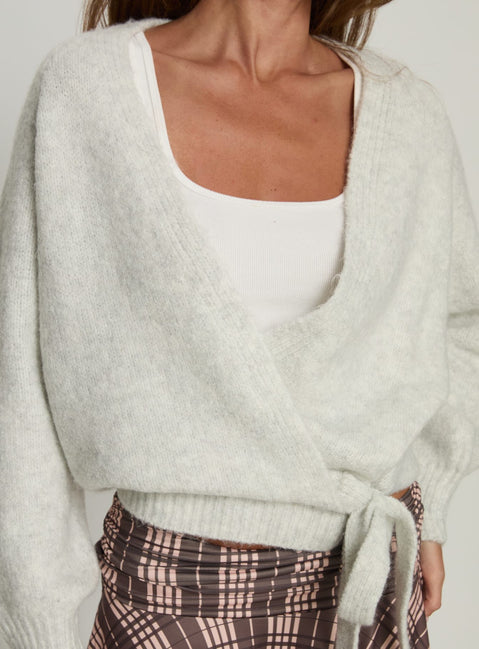 front view of model wearing Princess Polly Daelan Wrap Knit Cardigan Grey Marle Cropped Jumpers 