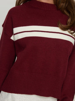 back view of model wearing Princess Polly Catherin Crew Neck Knit Sweater Red / White Cropped Jumpers 