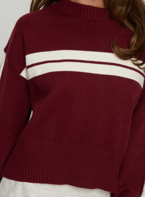 back view of model wearing Princess Polly Catherin Crew Neck Knit Sweater Red / White Cropped Jumpers 