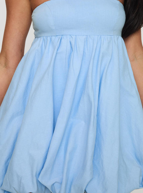 back view of model wearing Princess Polly Ismene Bubble Hem Mini Dress Blue Straight Neck 