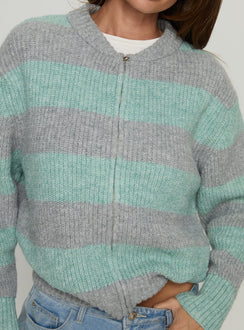 back view of model wearing Princess Polly Queena Zip Through Knit Sweater Grey / Blue Stripe Cropped Jumpers 