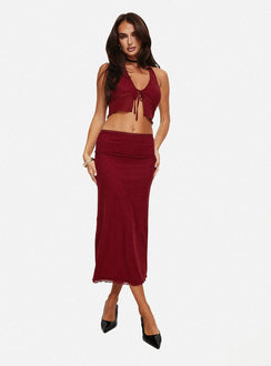 Matching set, mesh material Crop top, halter neck tie, tie fastening at bust Low rise maxi skirt, split hem, lettuce edge hem Good stretch, partially lined