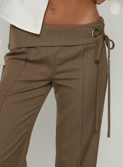 back view of model wearing Princess Polly Cedrina Eyelet Fitted Suit Pants Green Pinstripe Low Rise Pants 