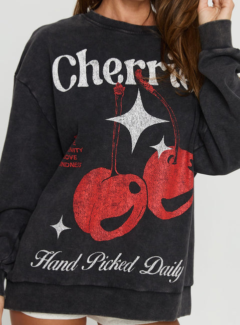 back view of model wearing Princess Polly Hand Picked Graphic Jumper Black 