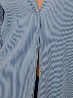 front view of model wearing Princess Polly Louie Pleated Shirt Blue Full Sleeves V-Neck 