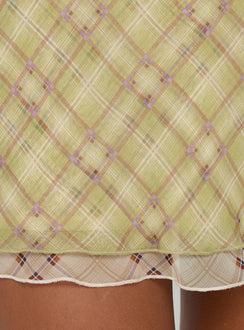 back view of model wearing Princess Polly Avalind Layered Mini Skirt Green Check Mini Skirts Skirts 