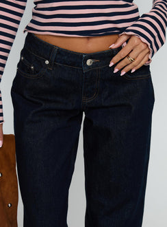 side view of model wearing Princess Polly Ellanor Low Rise Straight Leg Jeans Indigo Blue Low Rise Jeans 