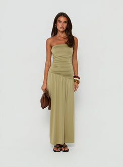 Isolina Strapless Ruched Maxi Dress Sage Green