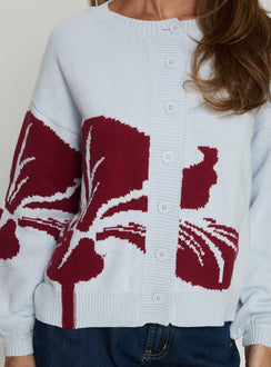 back view of model wearing Princess Polly Jalenn Floral Knit Cardigan Blue / Red Cropped Jumpers 