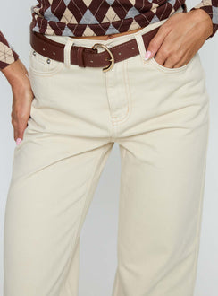 back view of model wearing Princess Polly Maple Mid Rise Flare Jeans Ecru High Rise Jeans Jeans 