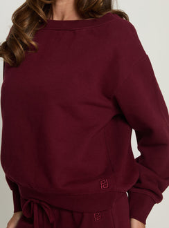 back view of model wearing Princess Polly Wellness Off the Shoulder Jumper Currant cropped 