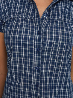 back view of model wearing Princess Polly Separate Scenes Button Up Top Blue Check Short Sleeves V-Neck 